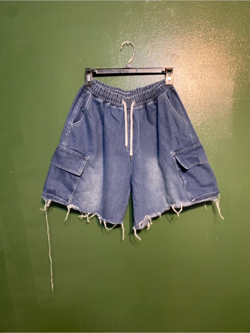 Denim Cargo Drawstring Shorts - Blue